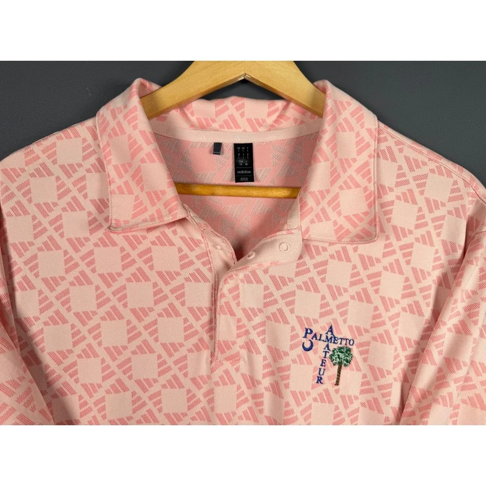 Adidas Mens Large Pink Palmetto Amateur Golf Polo Shirt Geometric Print Logo